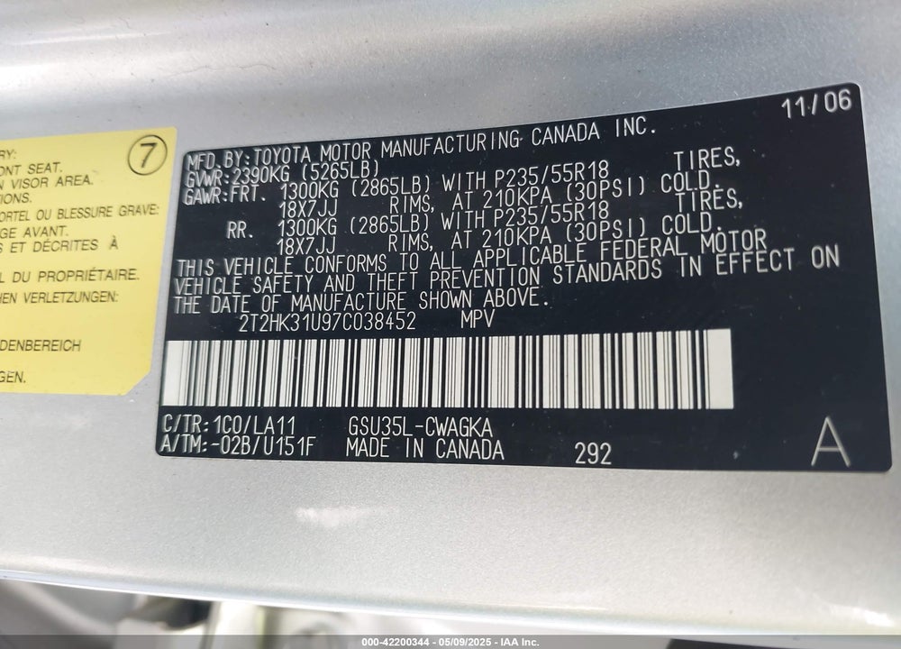 2007 LEXUS RX 350 VIN: 2T2HK31U97C038452