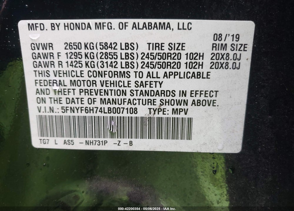 2020 HONDA PILOT VIN: 5FNYF6H74LB007108