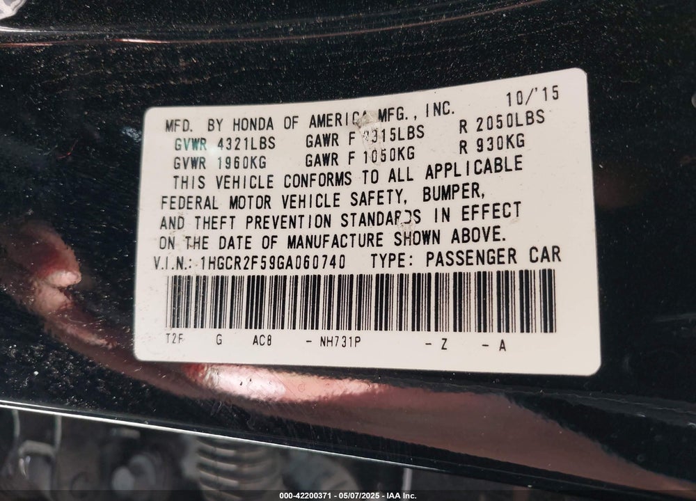 2016 HONDA ACCORD VIN: 1HGCR2F59GA060740
