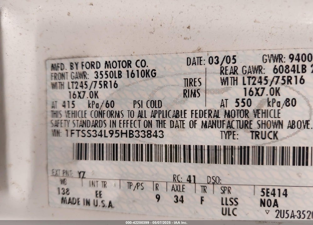 2005 FORD E-350 SUPER DUTY COMMERCIAL/RECREATIONAL VIN: 1FTSS34L95HB33843