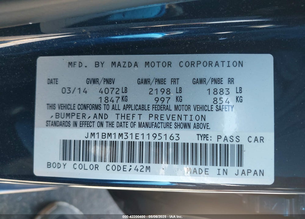 2014 MAZDA 3 VIN: JM1BM1M31E1195163