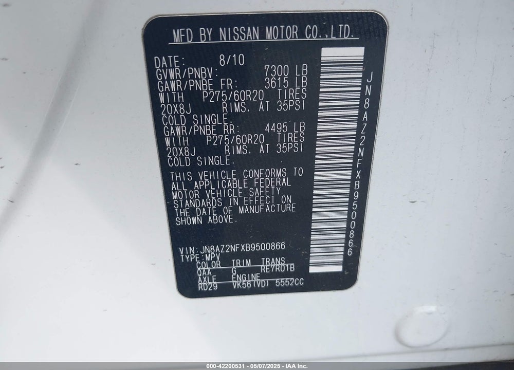 2011 INFINITI QX56 VIN: JN8AZ2NFXB9500866