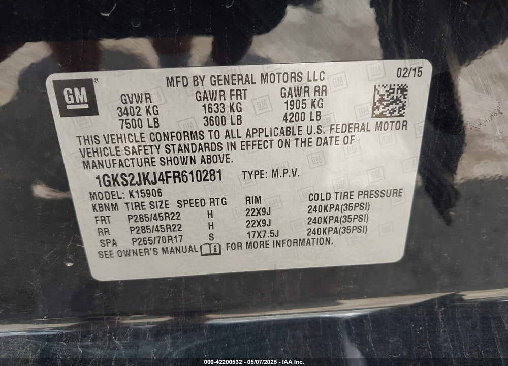 2015 GMC YUKON XL 1500 DENALI VIN: 1GKS2JKJ4FR610281