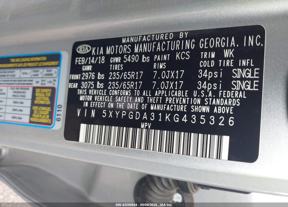 2019 KIA SORENTO 2.4L LX VIN: 5XYPGDA31KG435326