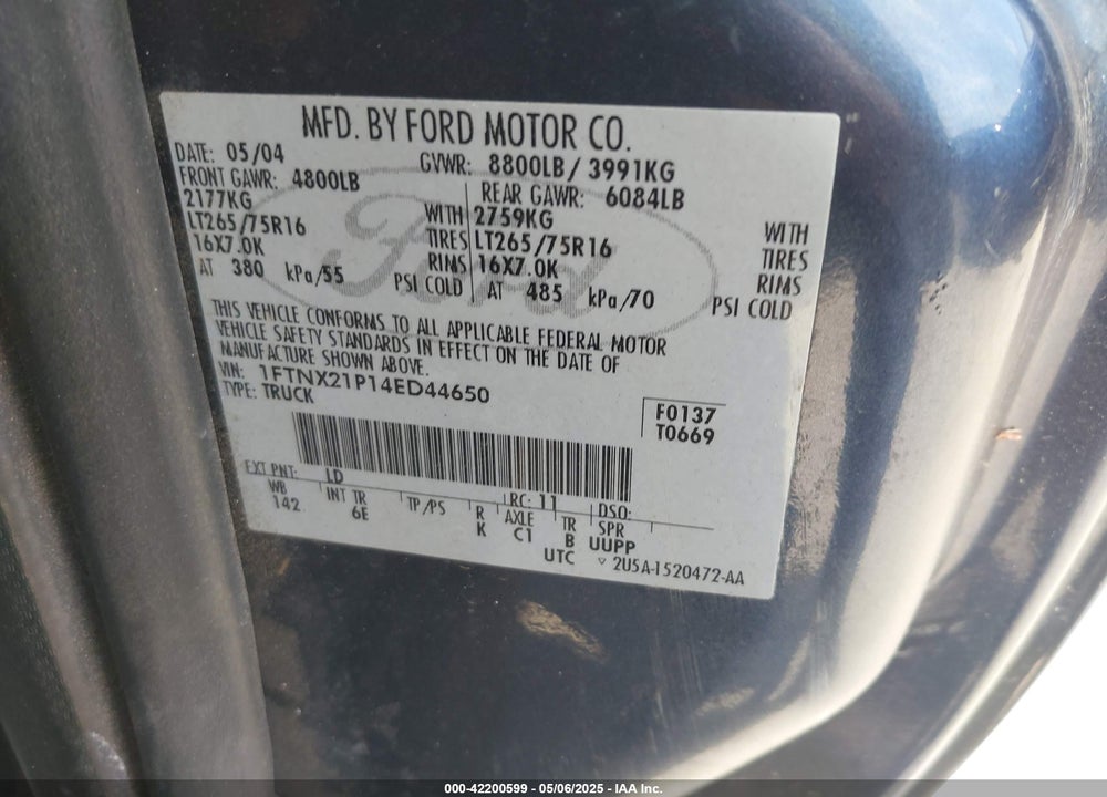 2004 FORD F-250 LARIAT/XL/XLT VIN: 1FTNX21P14ED44650