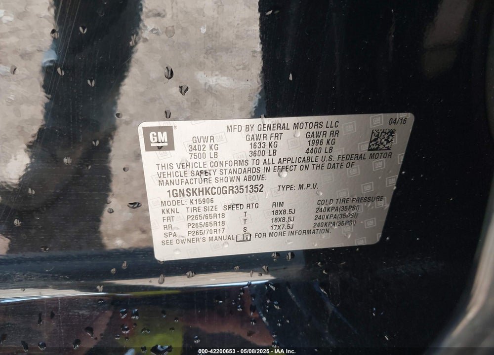 2016 CHEVROLET SUBURBAN VIN: 1GNSKHKC0GR351352