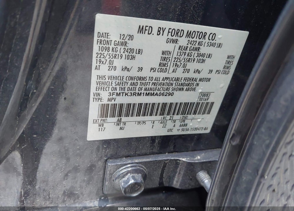 2021 FORD MUSTANG MACH-E VIN: 3FMTK3RM1MMA06290