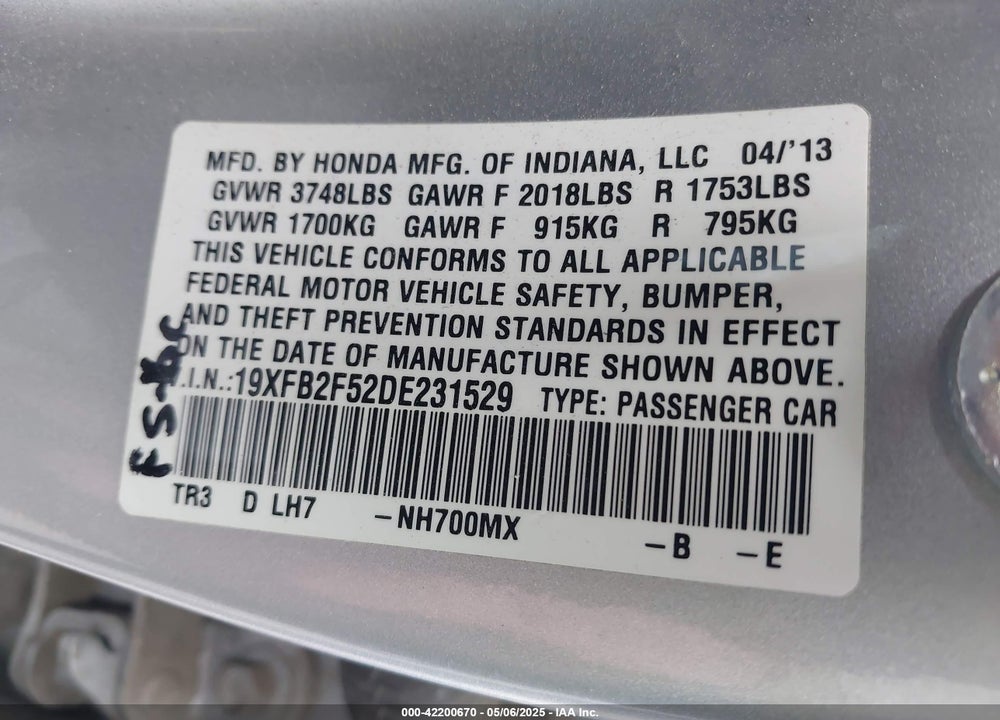 2013 HONDA CIVIC LX VIN: 19XFB2F52DE231529
