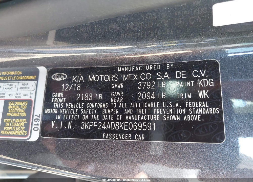 2019 KIA FORTE VIN: 3KPF24AD8KE069591