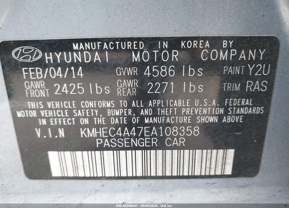 2014 HYUNDAI SONATA HYBRID VIN: KMHEC4A47EA108358