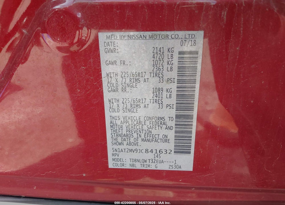 2018 NISSAN ROGUE VIN: 5N1AT2MV9JC841632