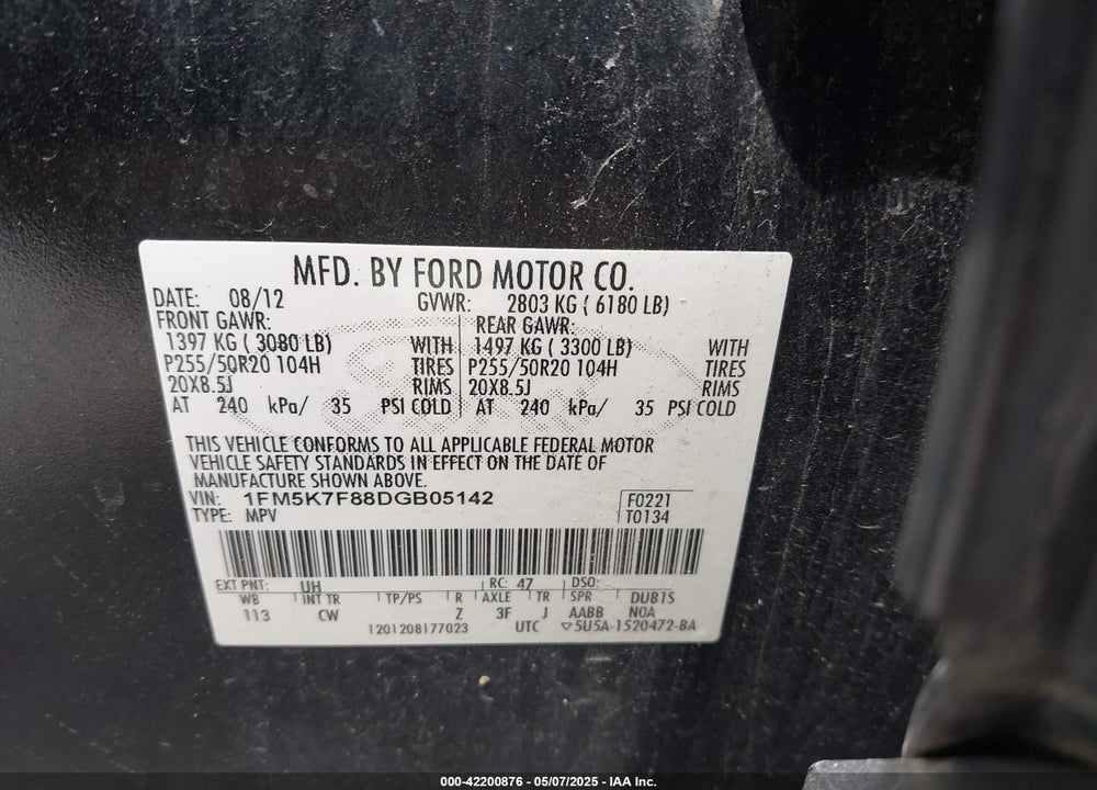 2013 FORD EXPLORER VIN: 1FM5K7F88DGB05142