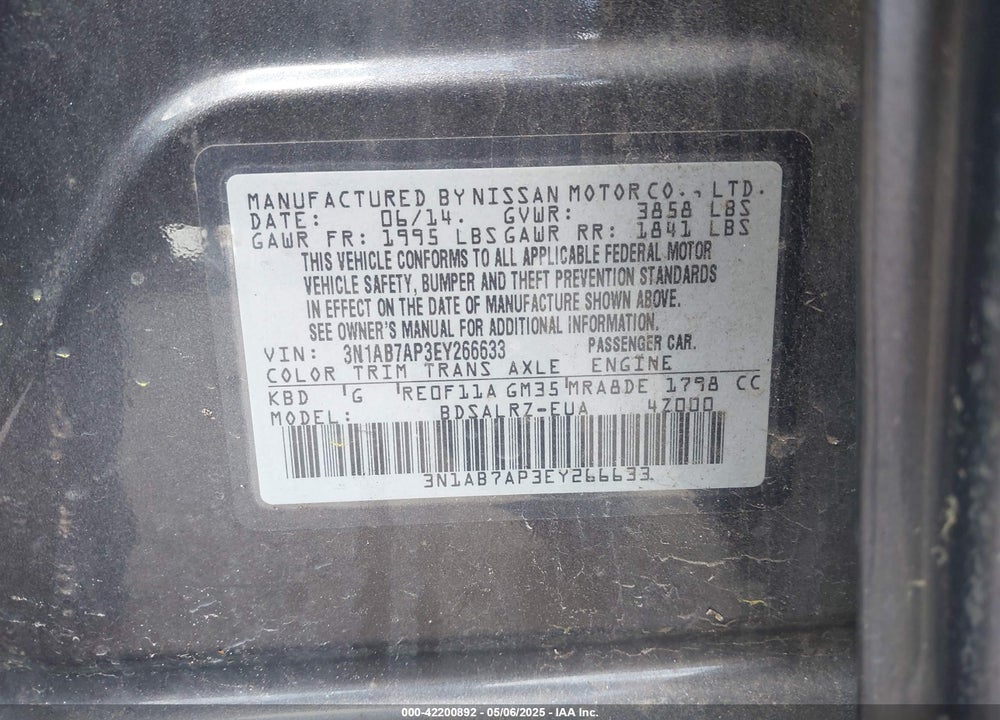 2014 NISSAN SENTRA VIN: 3N1AB7AP3EY266633