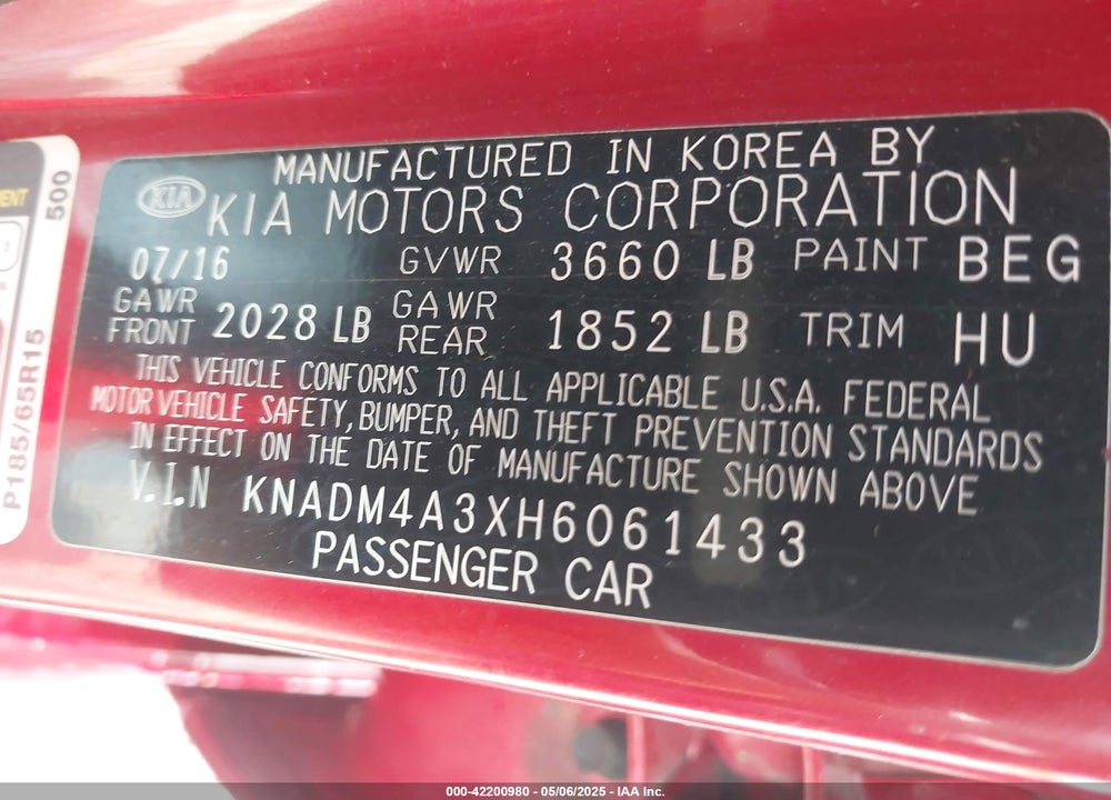 2017 KIA RIO VIN: KNADM4A3XH6061433