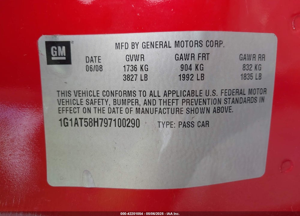 2009 CHEVROLET COBALT VIN: 1G1AT58H797100290