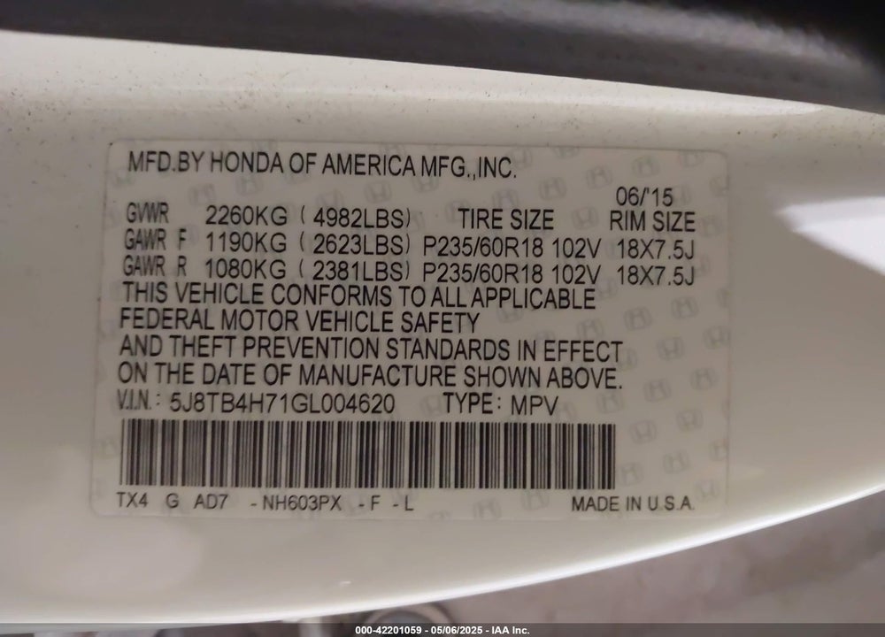 2016 ACURA RDX VIN: 5J8TB4H71GL004620