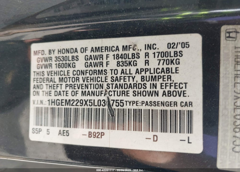 2005 HONDA CIVIC EX VIN: 1HGEM229X5L036755
