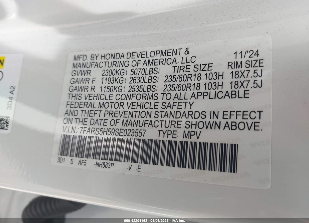 2025 HONDA CR-V HYBRID SPORT VIN: 7FARS5H59SE023557