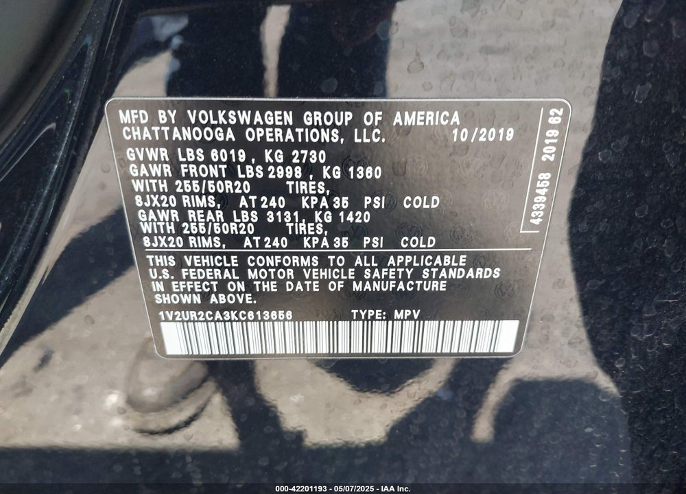 2019 VOLKSWAGEN ATLAS 3.6L V6 SE W/TECHNOLOGY VIN: 1V2UR2CA3KC613656