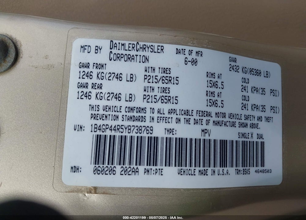 2000 DODGE GRAND CARAVAN SE VIN: 1B4GP44R5YB738769