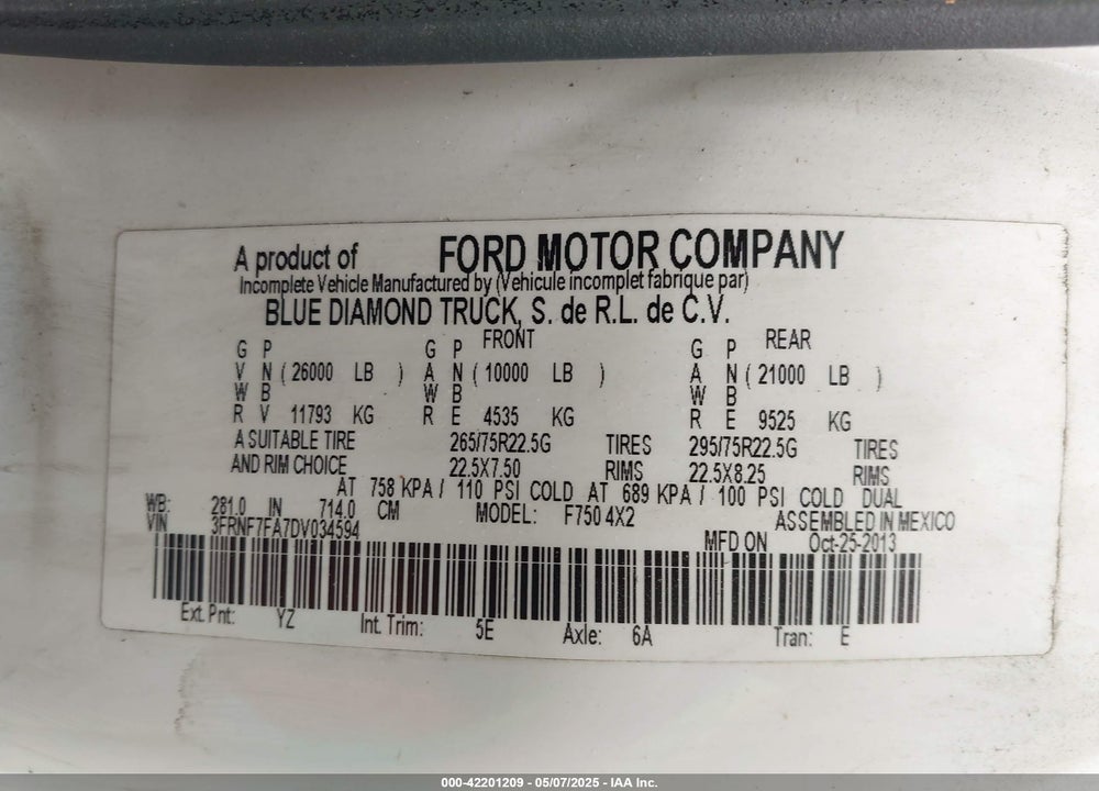 2013 FORD F-750 XL/XLT VIN: 3FRNF7FA7DV034594