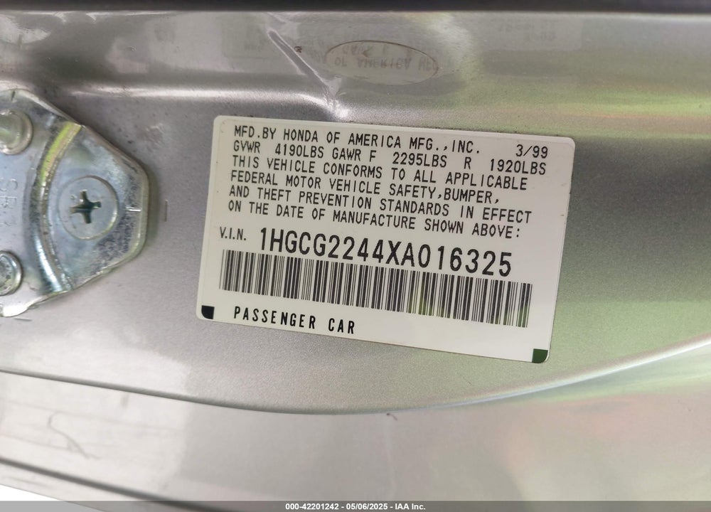 1999 HONDA ACCORD LX V6 VIN: 1HGCG2244XA016325