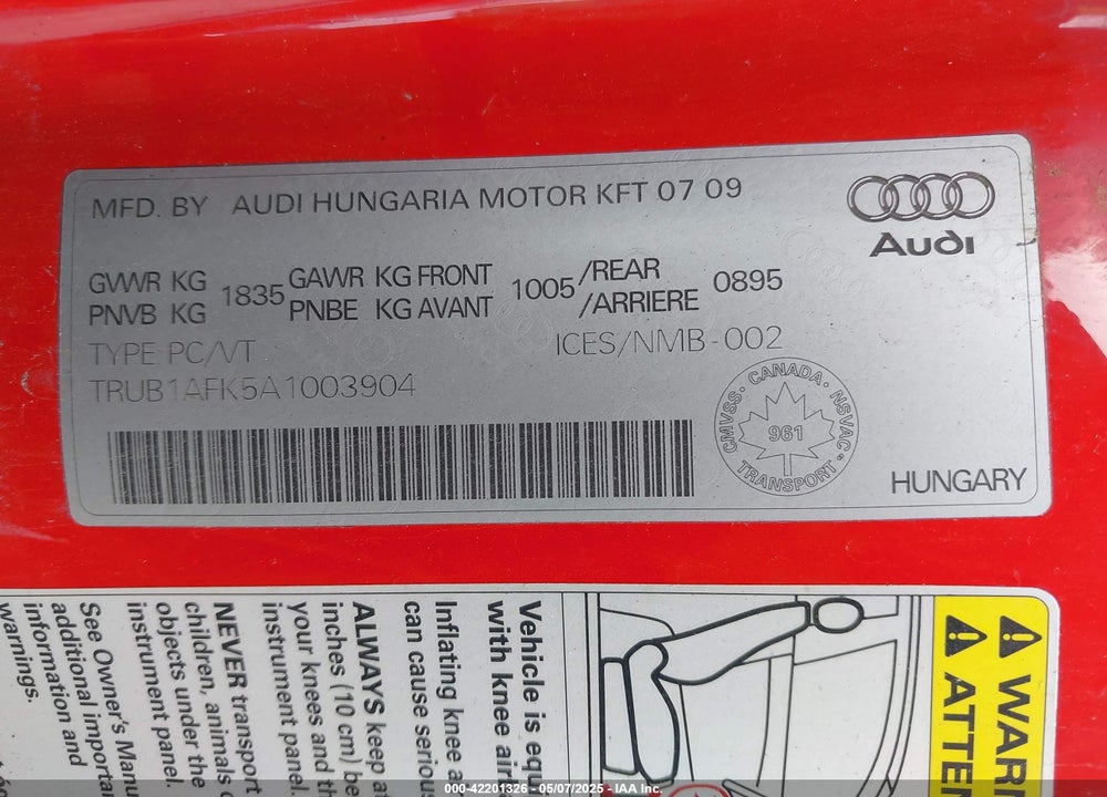 2010 AUDI TTS 2.0T PREMIUM VIN: TRUB1AFK5A1003904