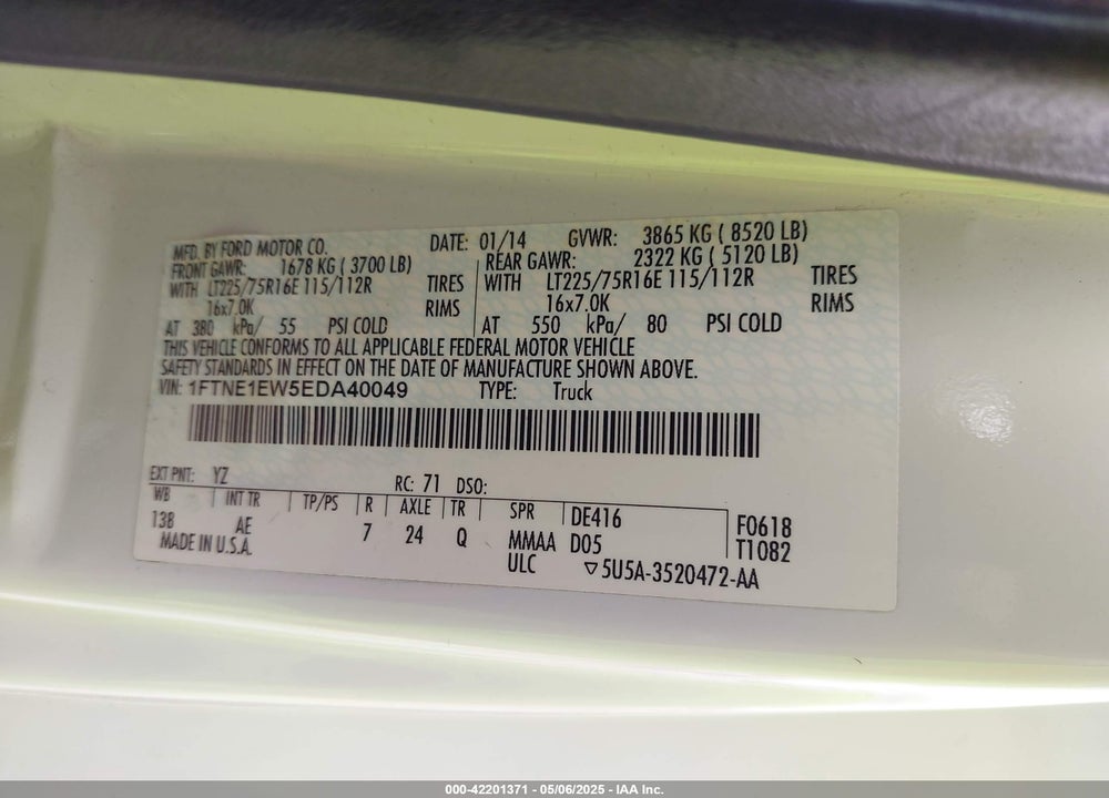 2014 FORD E-150 COMMERCIAL VIN: 1FTNE1EW5EDA40049
