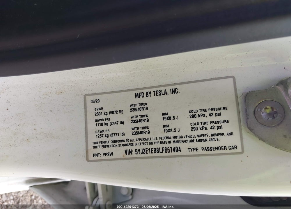 2020 TESLA MODEL 3 VIN: 5YJ3E1EB8LF667404