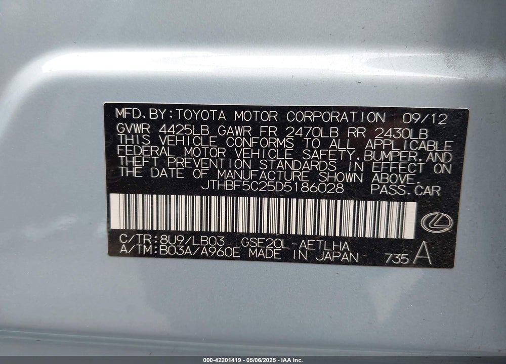 2013 LEXUS IS 250 VIN: JTHBF5C25D5186028