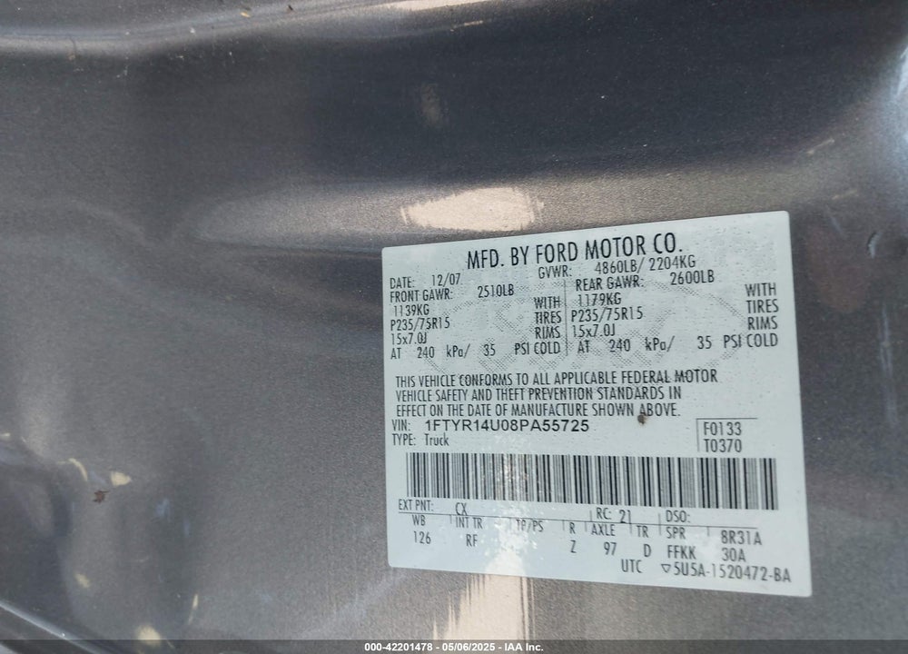 2008 FORD RANGER VIN: 1FTYR14U08PA55725