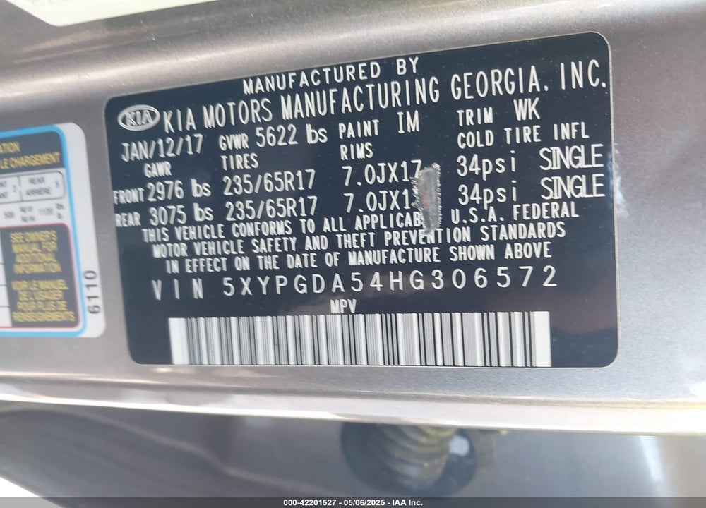 2017 KIA SORENTO 3.3L LX VIN: 5XYPGDA54HG306572