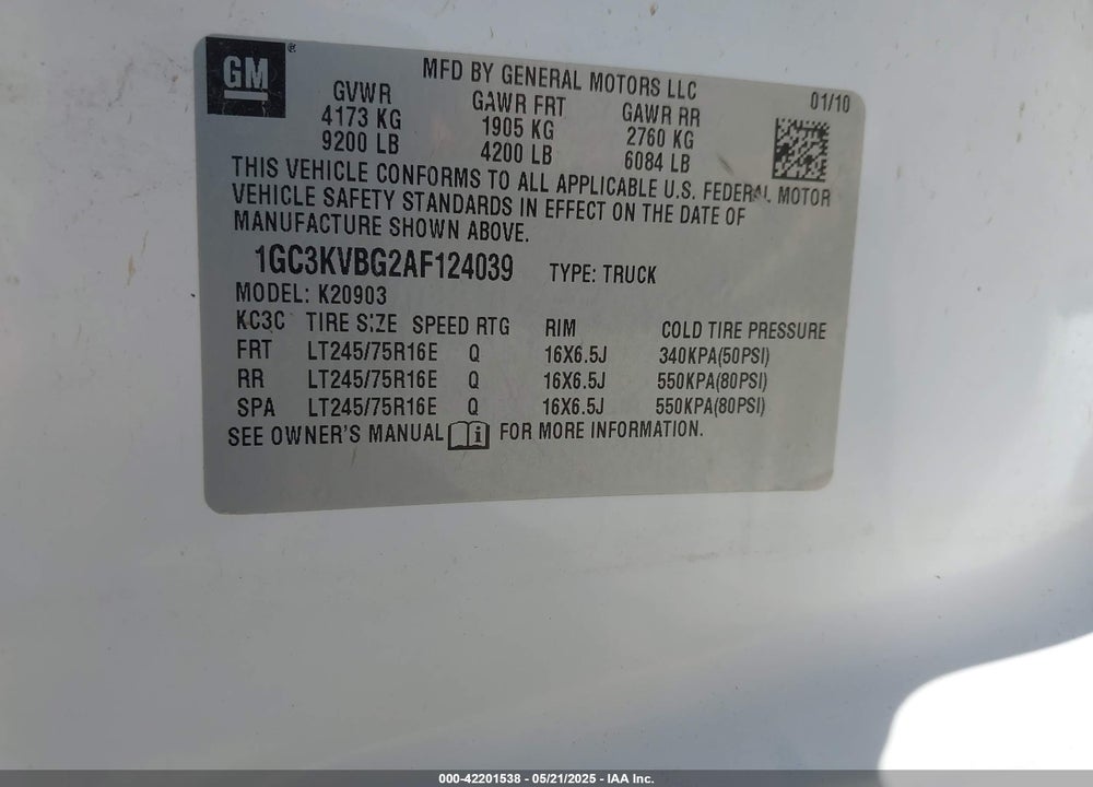 2010 CHEVROLET SILVERADO 2500HD WORK TRUCK VIN: 1GC3KVBG2AF124039