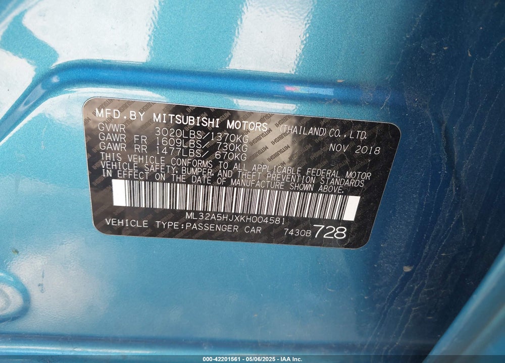 2019 MITSUBISHI MIRAGE VIN: ML32A5HJXKH004581