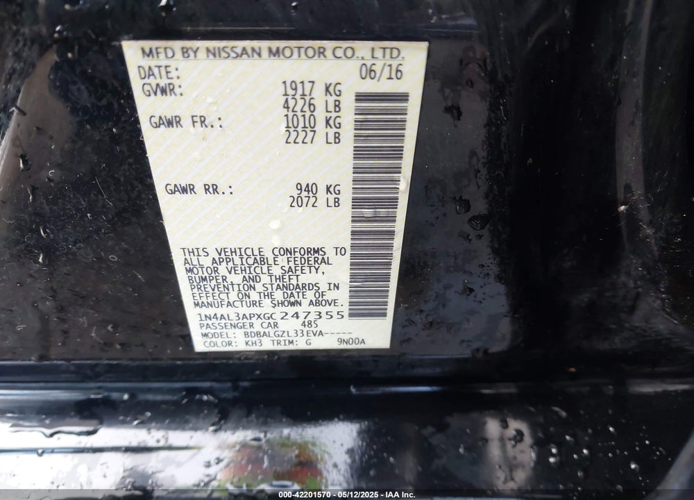 2016 NISSAN ALTIMA VIN: 1N4AL3APXGC247355