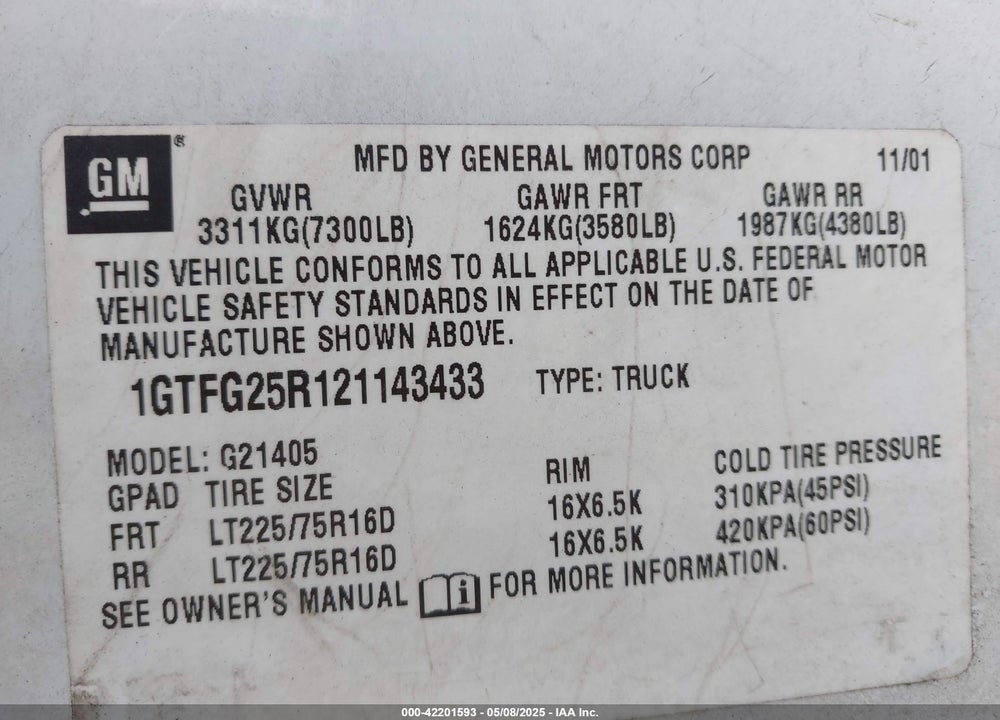 2002 GMC SAVANA STANDARD VIN: 1GTFG25R121143433