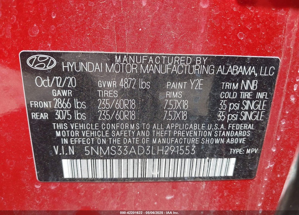 2020 HYUNDAI SANTA FE VIN: 5NMS33AD3LH291553