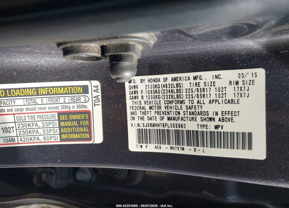 2015 HONDA CR-V VIN: 5J6RM4H76FL055980