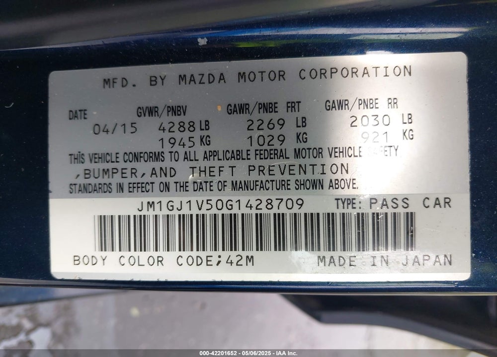 2016 MAZDA 6 I TOURING VIN: JM1GJ1V50G1428709