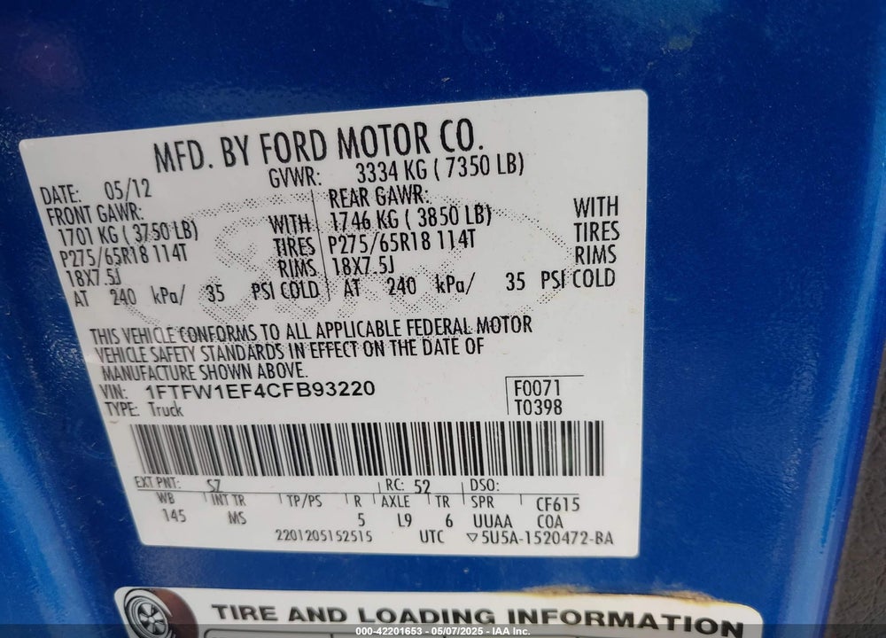 2012 FORD F-150 XLT VIN: 1FTFW1EF4CFB93220