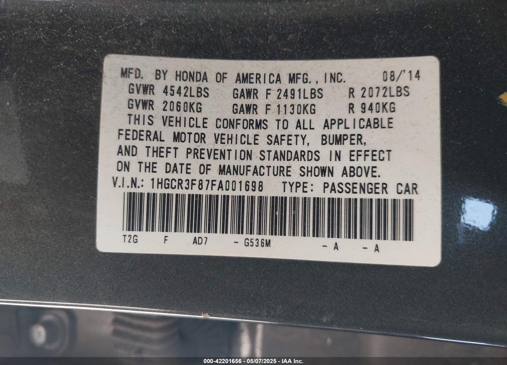2015 HONDA ACCORD VIN: 1HGCR3F87FA001698