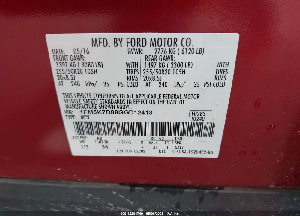 2016 FORD EXPLORER XLT VIN: 1FM5K7D88GGD12413