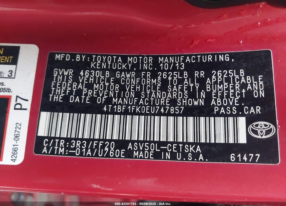 2014 TOYOTA CAMRY VIN: 4T1BF1FK0EU747857