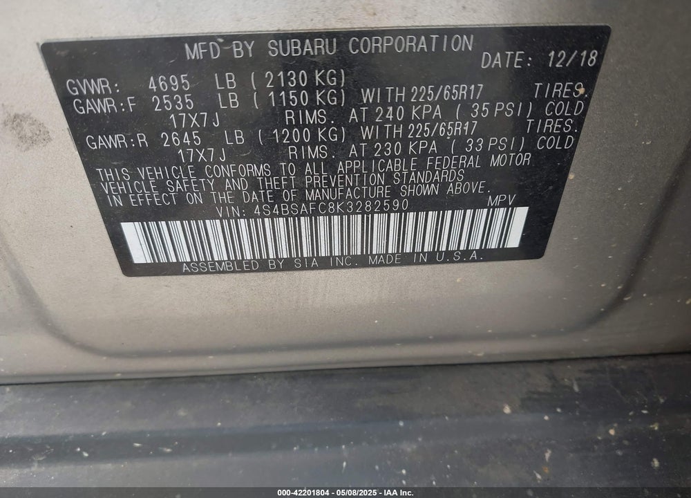 2019 SUBARU OUTBACK VIN: 4S4BSAFC8K3282590