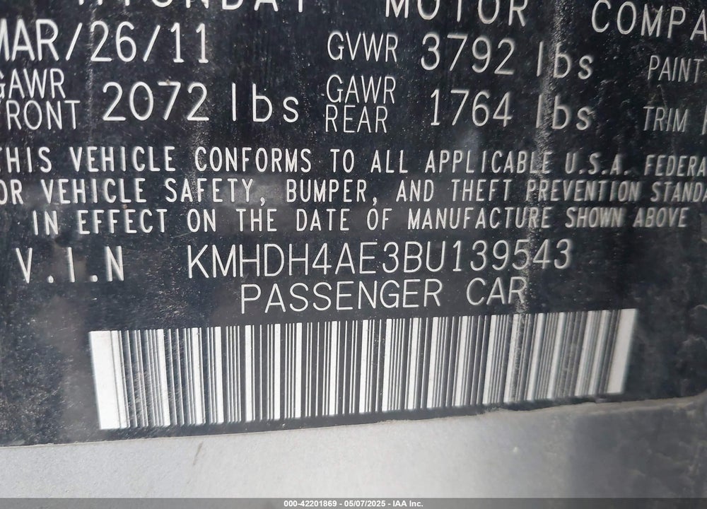2011 HYUNDAI ELANTRA VIN: KMHDH4AE3BU139543