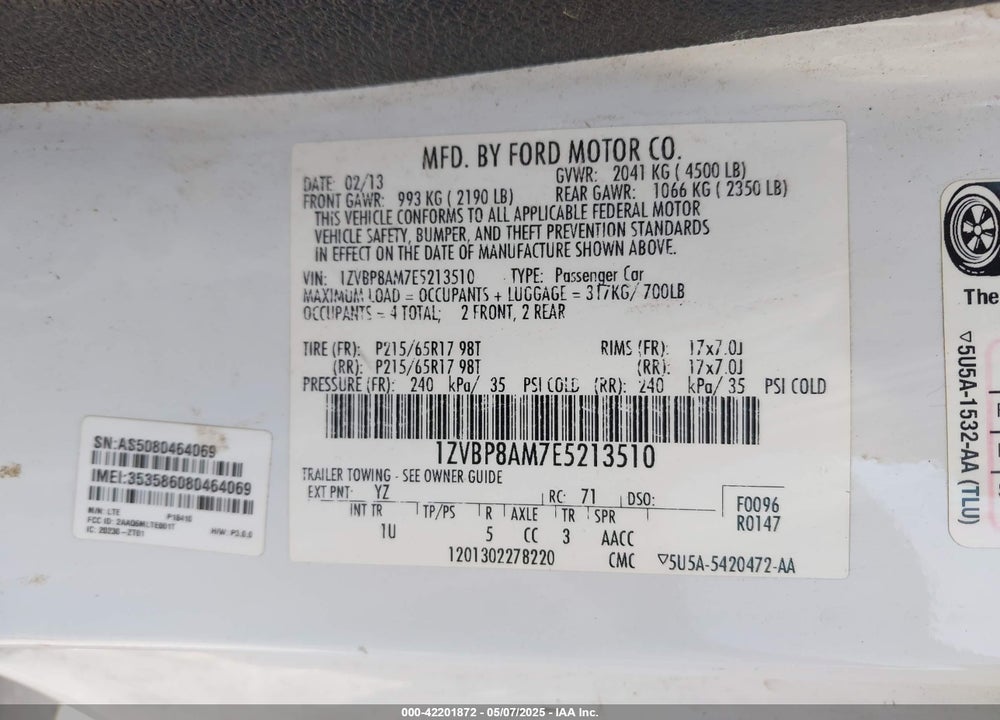2014 FORD MUSTANG VIN: 1ZVBP8AM7E5213510