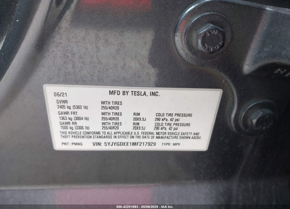 2021 TESLA MODEL Y VIN: 5YJYGDEE1MF217929