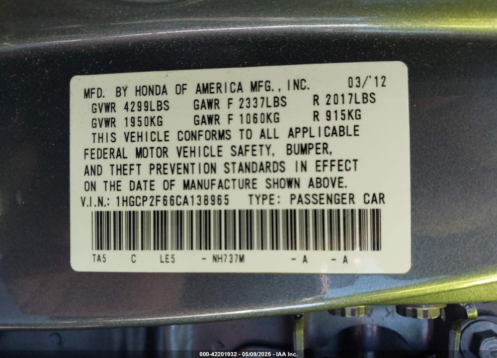 2012 HONDA ACCORD 2.4 SE VIN: 1HGCP2F66CA138965
