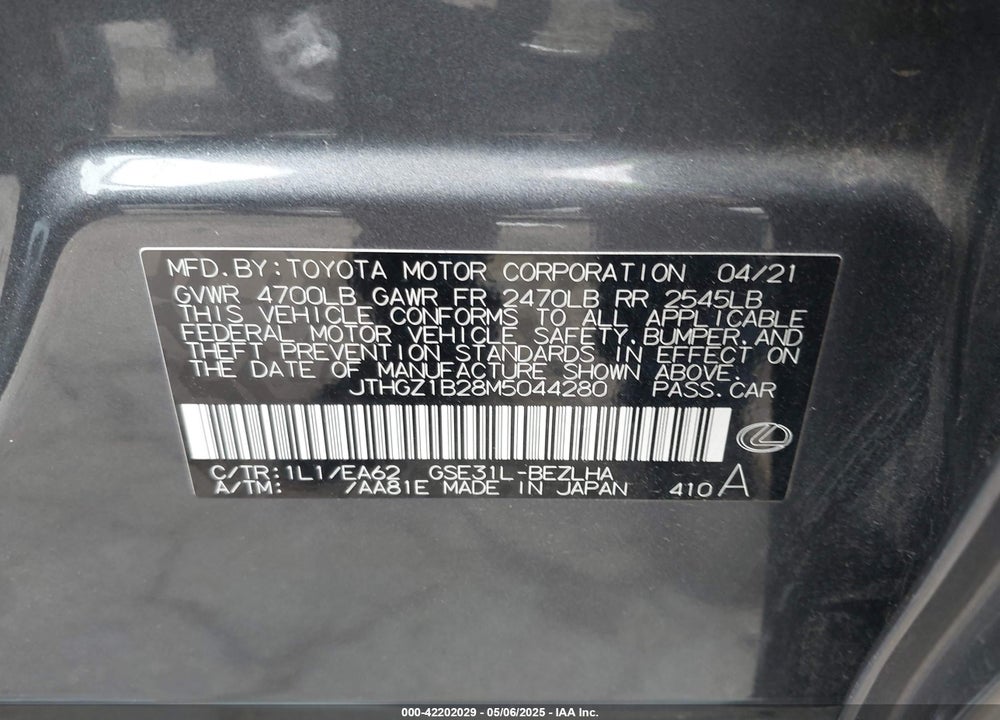 2021 LEXUS IS VIN: JTHGZ1B28M5044280