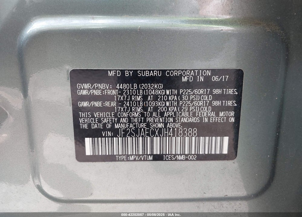 2018 SUBARU FORESTER VIN: JF2SJAECXJH418388